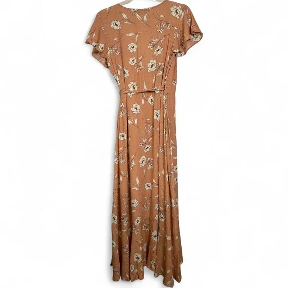 Audrey 3+1 Floral Wrap Maxi Dress Peach Boho Ruffle Hem Short Sleeve Small - Picture 2 of 5